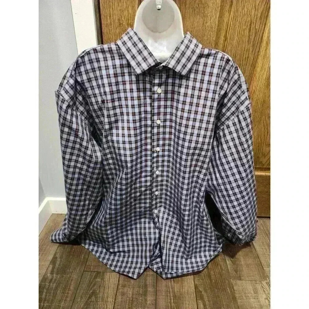 Egara Shirt Men Size 2X Blue PlaiPrint Non Iron Classic Fit Collared Button Down